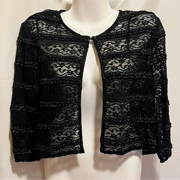 R&M Richards Black Lace Bolero Jacket M USA Sparkly Evening Event Dark Coquette - Picture 1 of 6